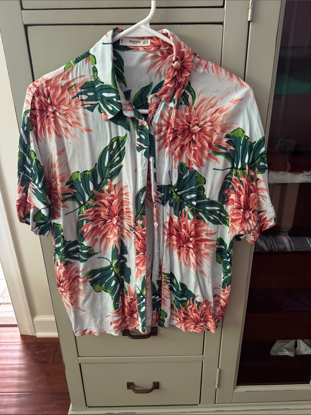 Mango Coral Floral Short Sleeve Button-Down Shirt